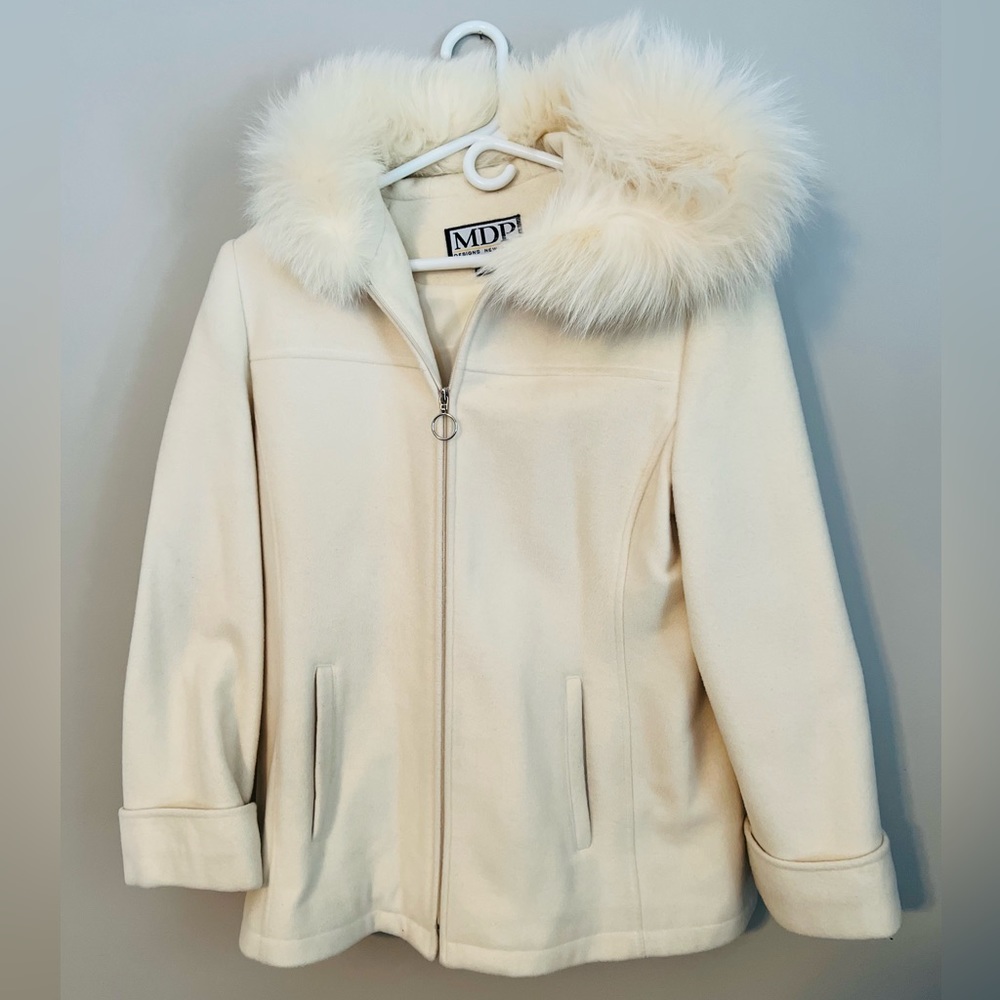 Wool Jacket with fur trim hood size Large